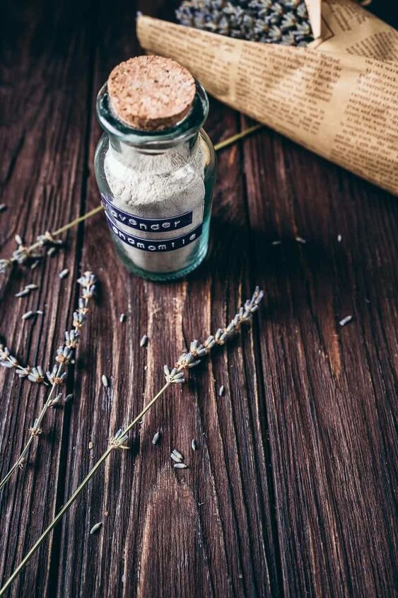 lavender chamomile facial cleansing grains recipe, a cork topped glass bottle filled with homemade facial cleansing grains