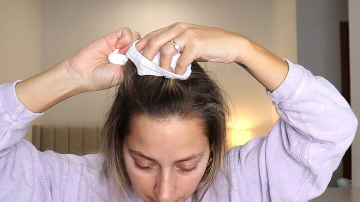 easy heatless hairstyle viral tiktok sock curls tutorial, Wrapping sock around hair