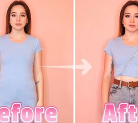 no sew ideas how to diy 6 cute crop tops from t shirts, Blue DIY crop top from t shirt Before and after