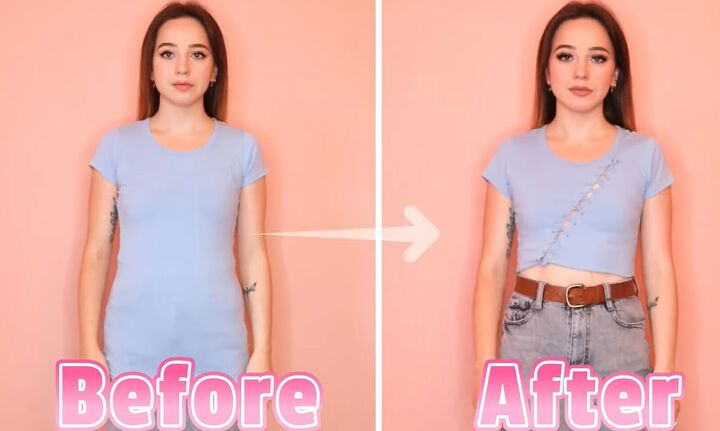 no sew ideas how to diy 6 cute crop tops from t shirts, Blue DIY crop top from t shirt Before and after