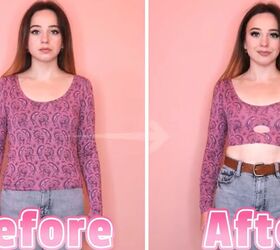 no sew ideas how to diy 6 cute crop tops from t shirts, Purple top Before and after