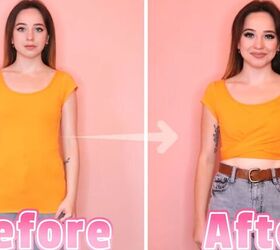 no sew ideas how to diy 6 cute crop tops from t shirts, Orange wrap top Before and after