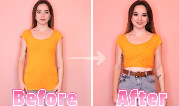 no sew ideas how to diy 6 cute crop tops from t shirts, Orange wrap top Before and after