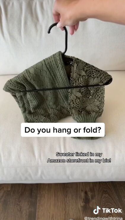 the correct way to hang your sweater so it stays looking nice, Easy sweater hanger hack