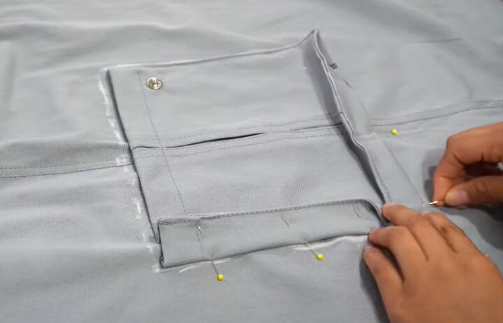 how to diy comfy gray cargo pants, Attaching 3D pocket