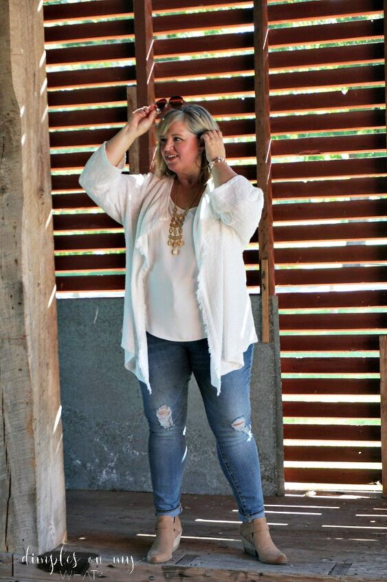 cardigan crazy thoughts on wearing distressed denim after 40, Fashion over 40 Fashion for plus sized women Full figured fashion Fall fashion White Cardigan for Fall