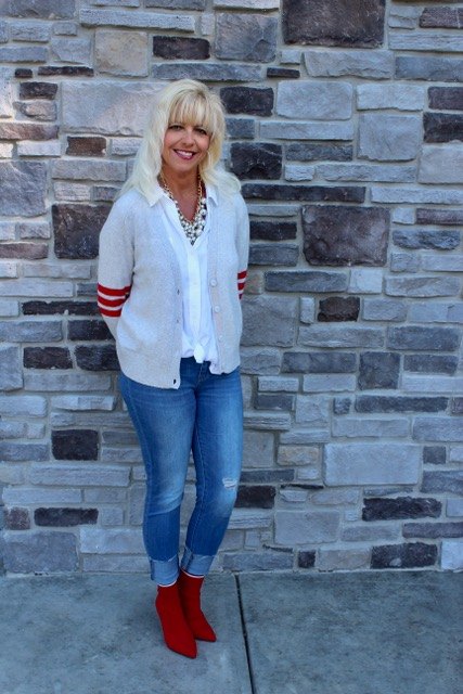 cardigan crazy thoughts on wearing distressed denim after 40, Ageless Style Linkup Living on Cloud Nine