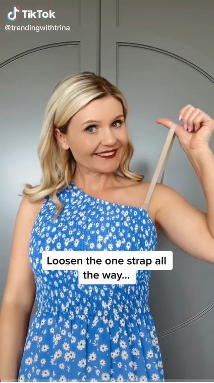 try this bra hack next time you wear one shoulder tops, Loosening the strap
