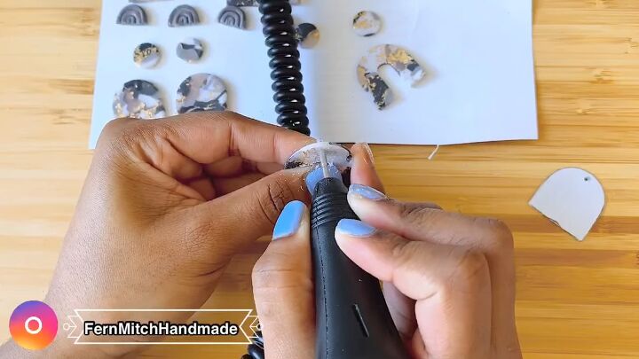 how to diy gold leaf marbled polymer clay earrings, Drilling holes