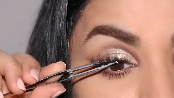 easy and glam cut crease eye makeup tutorial, Applying false lashes