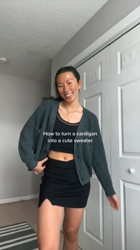 an easy hack to crop your cardigan and change its neckline, Before photo