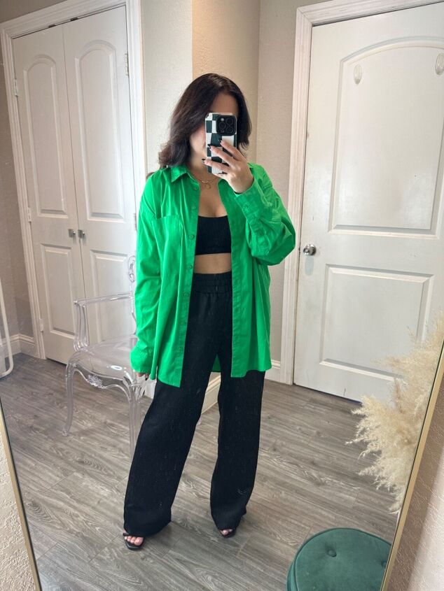 how to style an oversized green button down