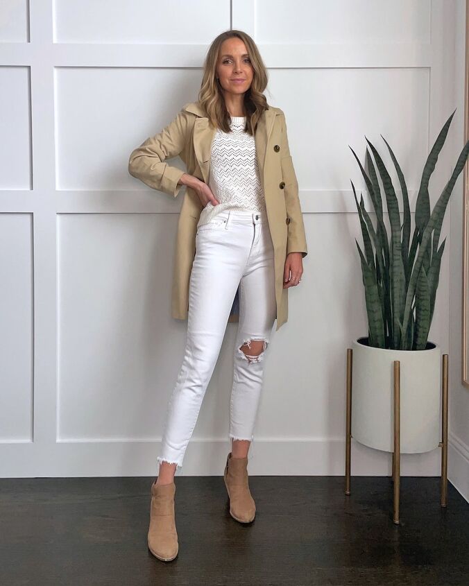trench coat outfits for spring, trench coat outfits with white jeans and madewell crocheted sweater