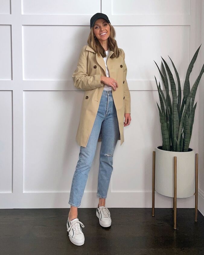 trench coat outfits for spring, trench coat with light wash jeans