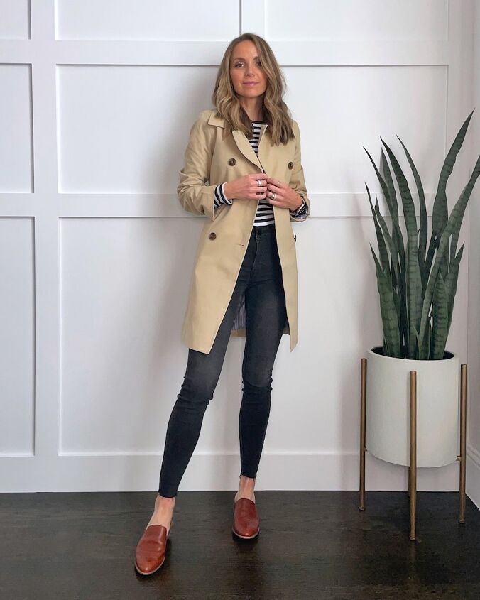 trench coat outfits for spring, trench coat with gray jeans