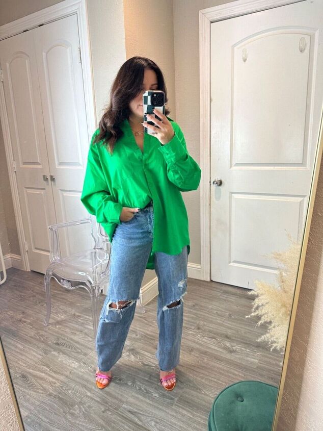how to style an oversized green button down