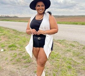 1 accessory you need for the houston rodeo morgan b styles, Morgan B Styles is standing in a dirt road wearing black gold chain fedora hat black top black ripped shorts white vest and white cowboy boots