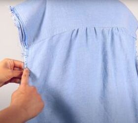 how to upcycle a men s shirt into a cute ruffle mini dress, Preparing the armholes