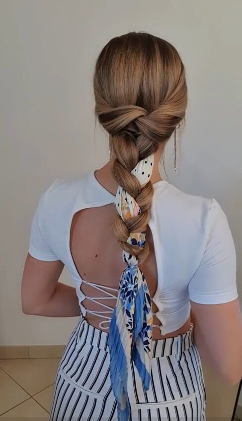 grab a silk scarf and upgrade your braid like this, Adding scarf