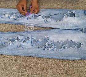 how to diy edgy distressed jeans with patches, Pinning holes
