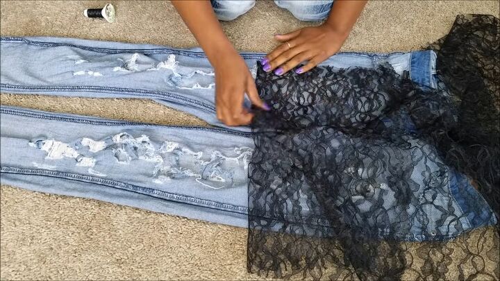 how to diy edgy distressed jeans with patches, Determining lace placement