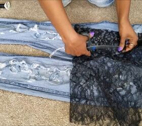 how to diy edgy distressed jeans with patches, Cutting lace