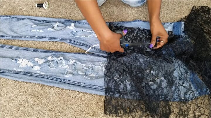 how to diy edgy distressed jeans with patches, Cutting lace