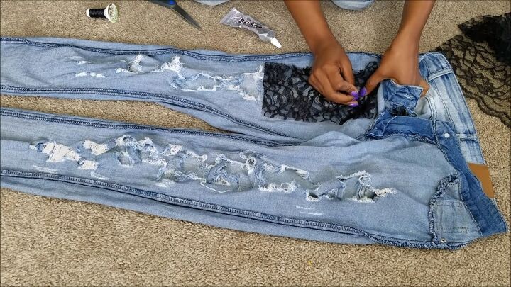 how to diy edgy distressed jeans with patches, Pinning lace to jeans