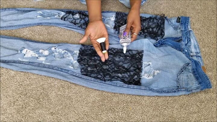 how to diy edgy distressed jeans with patches, Gluing or sewing lace onto jeans