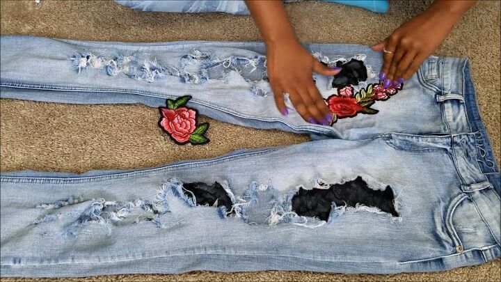 how to diy edgy distressed jeans with patches, Gluing patches onto jeans