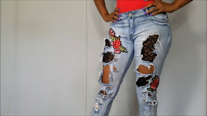 how to diy edgy distressed jeans with patches, DIY distressed jeans with patches