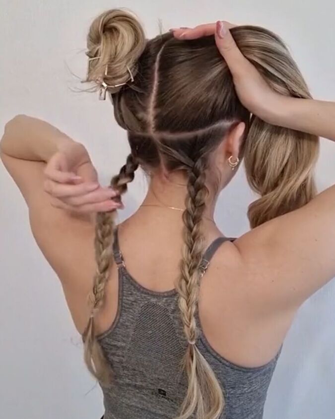 perfect braid and bun hairstyle for working out, Making high ponytail