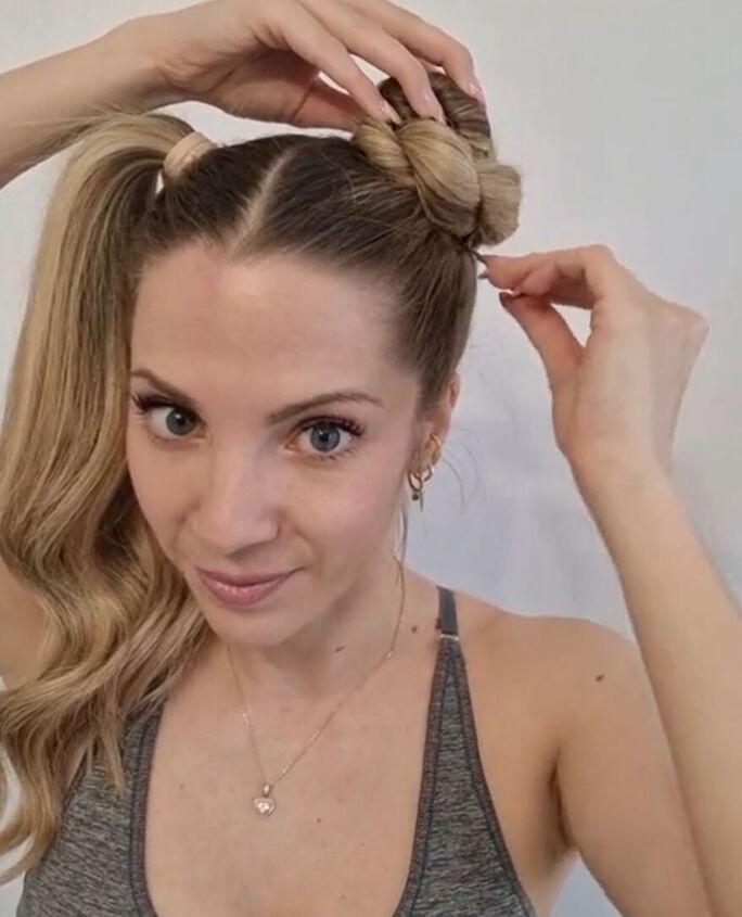perfect braid and bun hairstyle for working out, Making coiled bun