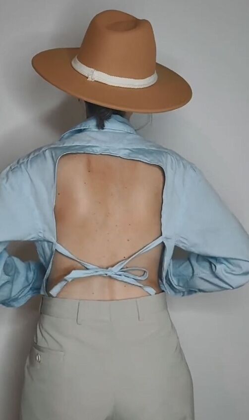 an easy way to salvage a stained blouse, How to wear cropped backless shirt