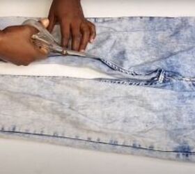 how to diy a cute denim patch mini skirt from jeans, Cutting jeans