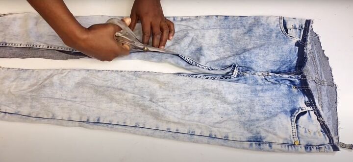 how to diy a cute denim patch mini skirt from jeans, Cutting jeans