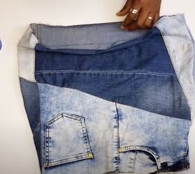 how to diy a cute denim patch mini skirt from jeans, Side seams and hem