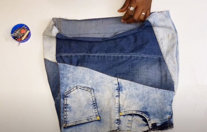 how to diy a cute denim patch mini skirt from jeans, Side seams and hem