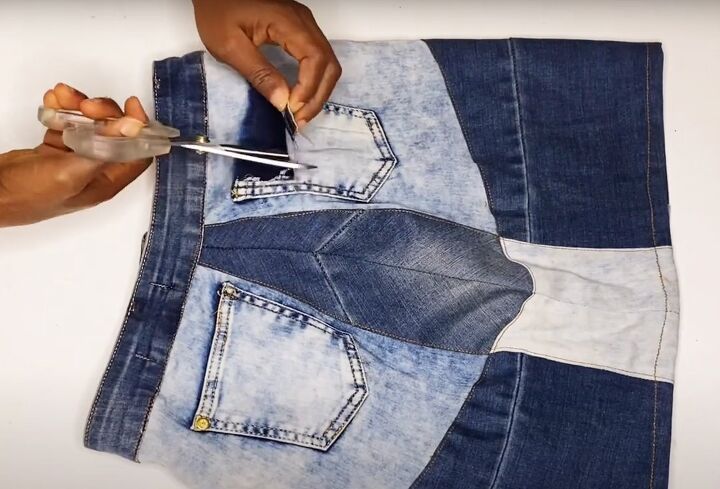 how to diy a cute denim patch mini skirt from jeans, Finishing