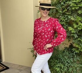 really cute spring tops for women, Here is the first of the spring tops for women It s a crimson floral top worn with white cropped jeans and a tan fedora