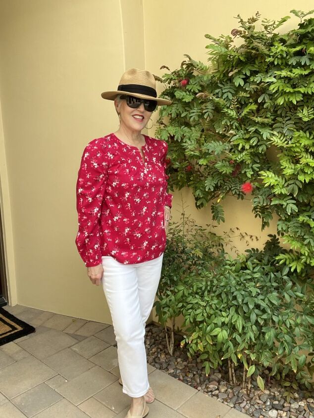 really cute spring tops for women, Here is the first of the spring tops for women It s a crimson floral top worn with white cropped jeans and a tan fedor