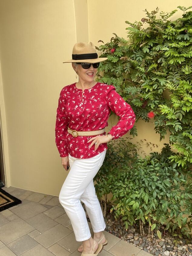really cute spring tops for women, Here is the first of the spring tops for women It s a crimson floral top worn with white cropped jeans and a tan fedora Here the top is belted with a tan J McLaughlin belt