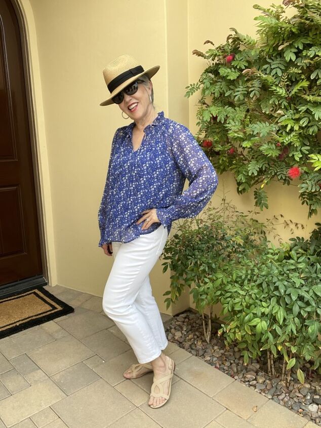 really cute spring tops for women, Here is the second of the spring tops for women It is a royal blue floral top with an attached royal blue camisole It is worn with a tan fedora sunglasses and silver pave earrings