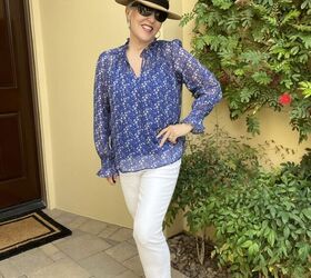 really cute spring tops for women, Here is the second of the spring tops for women It is a royal blue floral top with an attached royal blue camisole It is worn with a tan fedora sunglasses and silver pave earrings