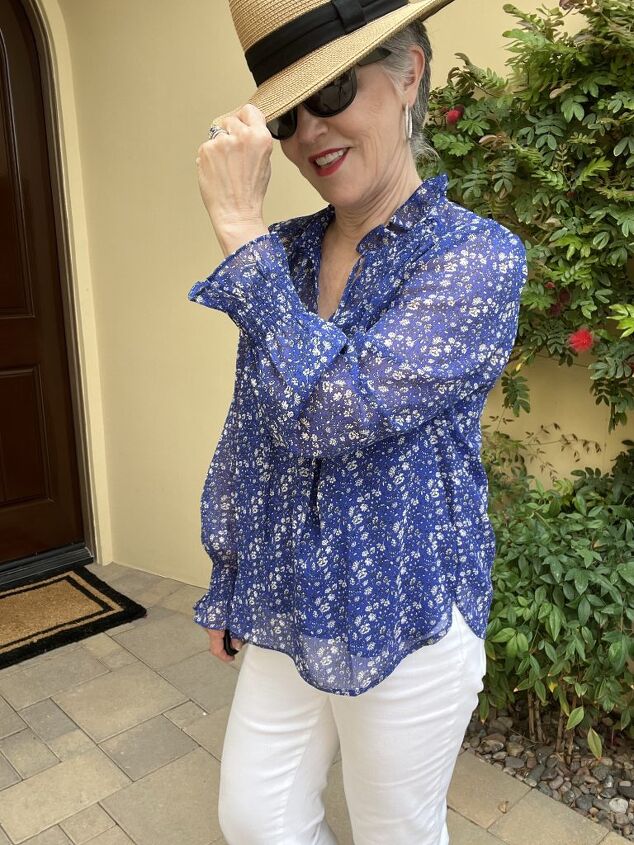 really cute spring tops for women, Here is the second of the spring tops for women It is a royal blue floral top with an attached royal blue camisole It is worn with a tan fedora sunglasses and silver pave earrings Here is a closeup of my face hat and the top of the top