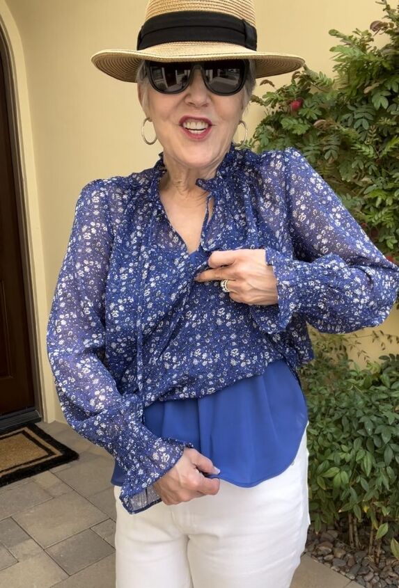 really cute spring tops for women, Here is the second of the spring tops for women It is a royal blue floral top with an attached royal blue camisole It is worn with a tan fedora sunglasses and silver pave earrings Here is a closeup of the underlying blue camisole that comes with the top