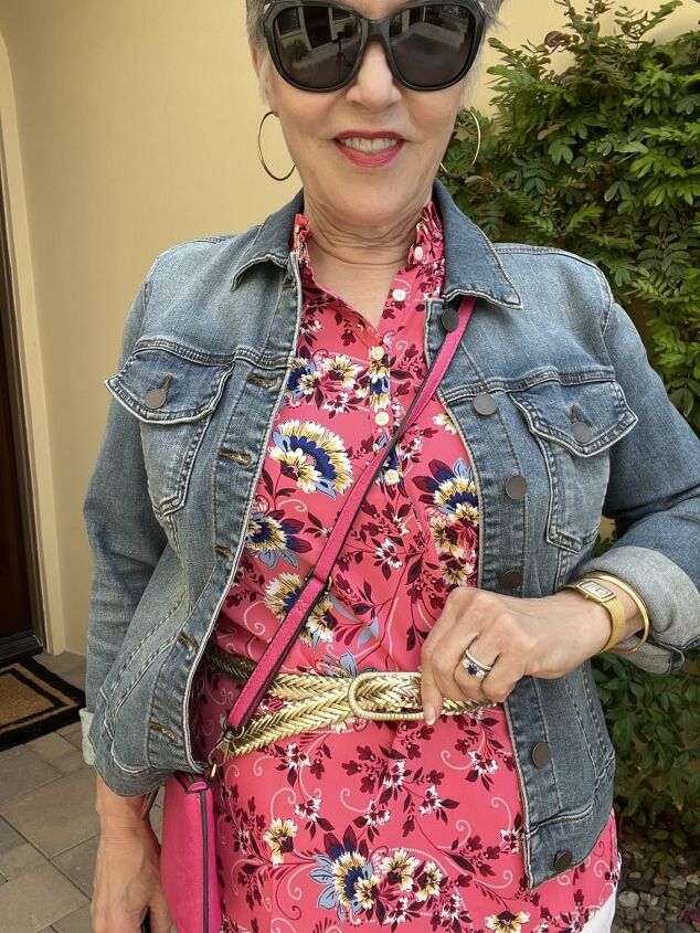 really cute spring tops for women, Here is the third of the cute spring tops for women It is a pink floral sleeveless top worn with a medium wash blue denim jacket and white pants I added a gold woven belt and a pink cross body bag My earrings are gold hoops