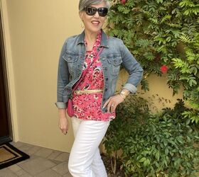 really cute spring tops for women, Here is the third of the cute spring tops for women It is a pink floral sleeveless top worn with a medium wash blue denim jacket and white pants I added a gold woven belt and a pink cross body bag This is a full view of my outfit