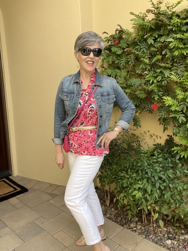 really cute spring tops for women, Here is the third of the cute spring tops for women It is a pink floral sleeveless top worn with a medium wash blue denim jacket and white pants I added a gold woven belt and a pink cross body bag This is a full view of my outfit