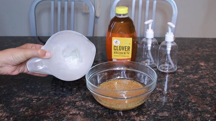 how to diy an easy flaxseed gel for curly hair, Stocking over measuring cup